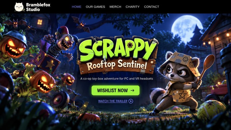 Gaming website design, spooky co-op game with a raccoon hero: moonlit backyard scene of a raccoon in a cardboard hat facing pumpkin monsters and a jack-in-the-box, lime green logo on a wooden sign, a glowing lime wishlist button, a black menu bar