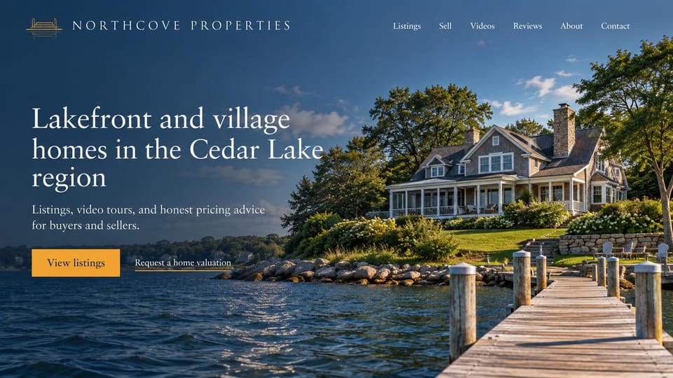Real estate website design, lakefront homes with video tours: a shingle lake house and dock under a blue sky, a white serif headline and a yellow button