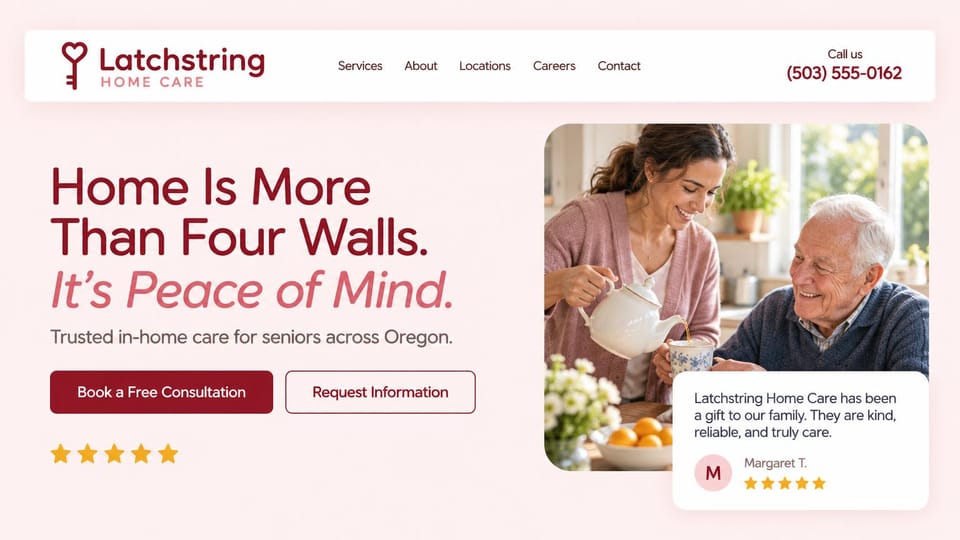 Home care website design, senior home care with a family's review on the photo: blush page, a large burgundy headline with an italic line, a burgundy button and an outlined one, a caregiver pouring tea for an older man