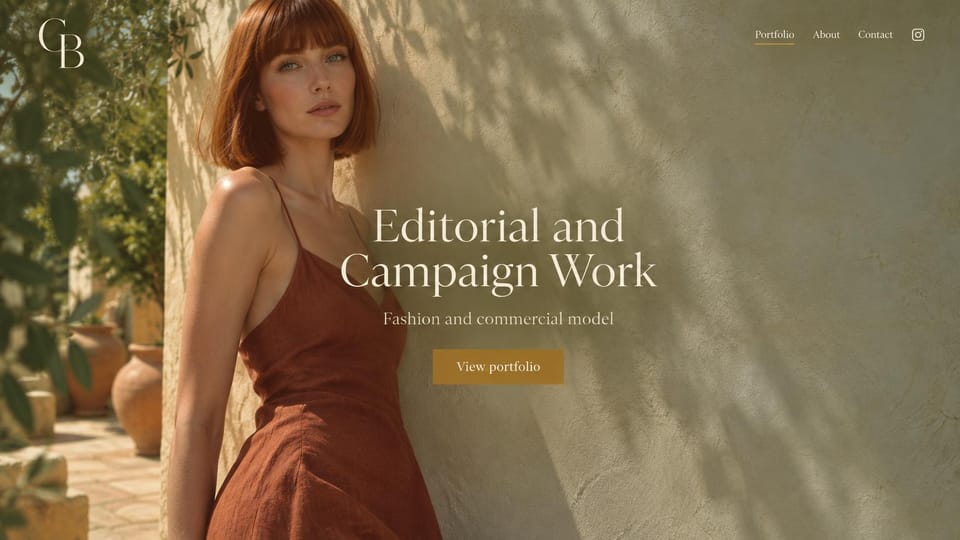 Model portfolio website design, editorial and campaign model in Mediterranean sun: a red-haired woman in a rust slip dress against a sunlit olive wall, a centered cream serif headline and an ochre button