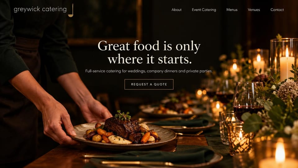 Catering website design, full-service catering with a plate set down by candlelight: dark candlelit dinner table with greenery, a server setting down a plate of braised beef, centered cream serif headline, an outlined gold quote button