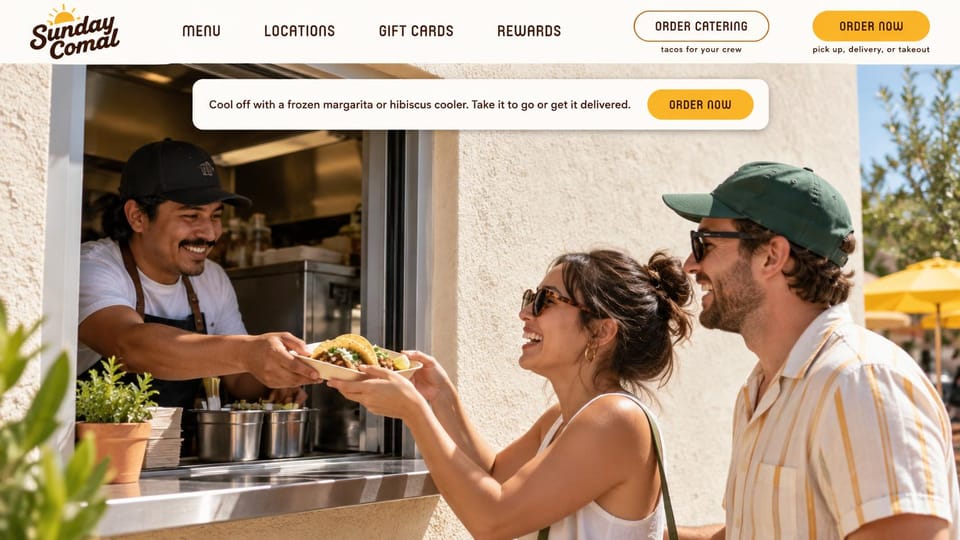 Restaurant website design, taco window with catering up top: cream header with yellow order buttons over a sunny photo of tacos handed through a window