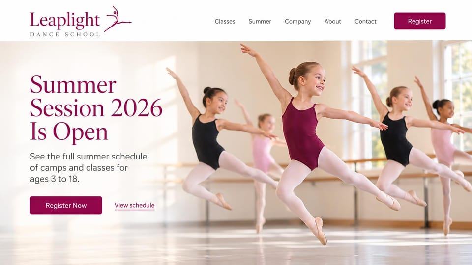 Dance studio website design, dance school with summer camps up front: white header, a sunlit ballet studio with girls leaping in black and berry leotards, a berry serif headline, a berry register button