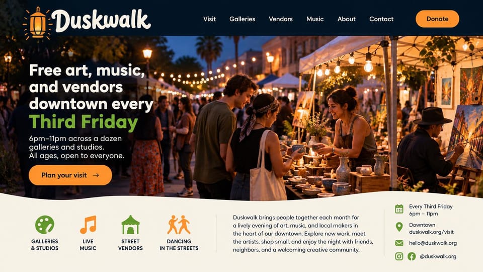 Event website design, monthly downtown art walk at night: navy header with a lantern logo, night street market photo with a potter's stall and a painter at an easel, white and green headline, orange visit button, cream band with icons and contact details