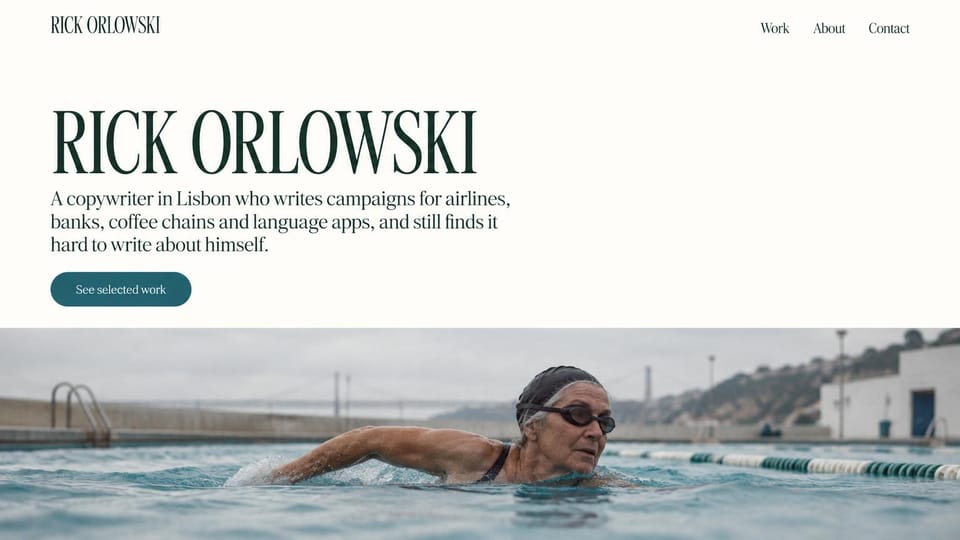 Writer website design, campaign copywriter with a wide photo: ivory page, a tall deep green condensed name, a teal button and a wide photo of an older woman swimming in an outdoor pool