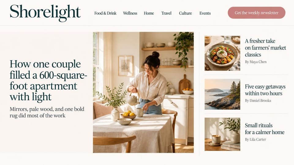 News and magazine website design, home and food magazine with a sunlit kitchen: warm cream page, deep green serif logo and headlines, a rose newsletter button, a woman pouring tea at a sunlit kitchen table, three story thumbnails of food, coast and a candle