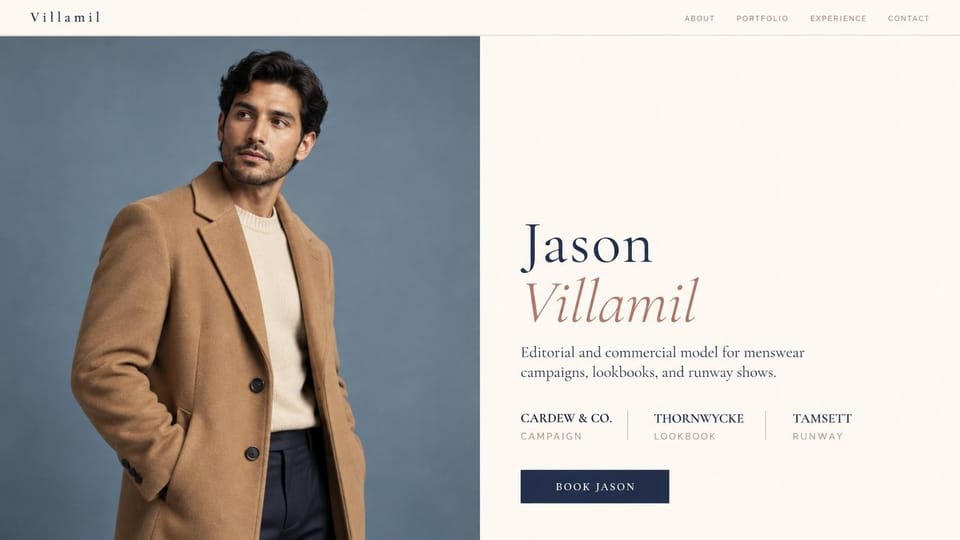 Model portfolio website design, menswear model with client highlights on ivory: ivory page with a navy and rose italic name, a line of client highlights, a navy booking button and a portrait of a man in a camel coat on slate blue