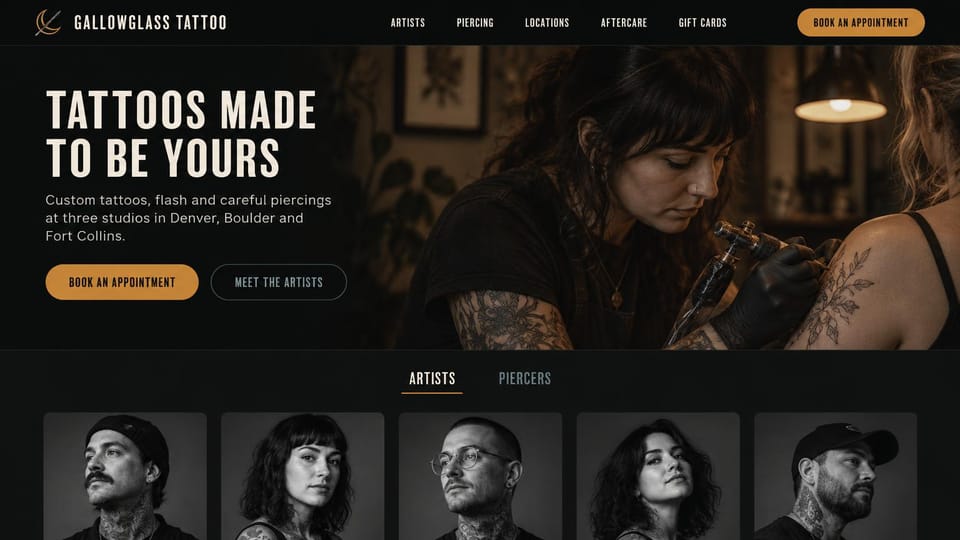 Tattoo website design, tattoo and piercing studios with artists and piercers side by side: dark page, heavy white capitals, a woman tattooing under warm light, gold and outlined buttons, black and white staff portraits under two tabs