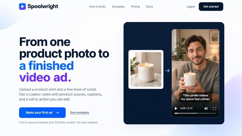 AI startup website design, aI video ads from a product photo: white page with soft blue and violet glows, a heavy navy headline that fades to blue and purple, a blue start button with a text link, and a dark navy panel with a candle photo pointing to a phone-shaped video player