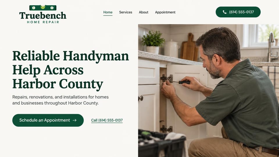 Handyman website design, county-wide handyman in deep green: cream page, a level logo, a dark green serif headline, a green pill button and a handyman fixing a cabinet hinge