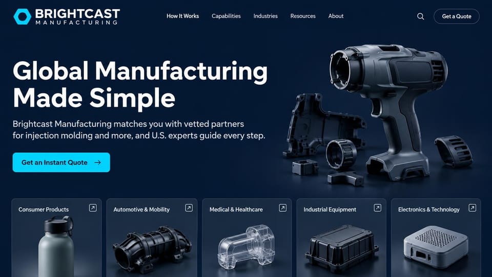 Manufacturing website design, contract manufacturing through a partner network: dark navy page, a white headline, a cyan quote button, an exploded rendering of a power drill housing, five industry cards with product photos
