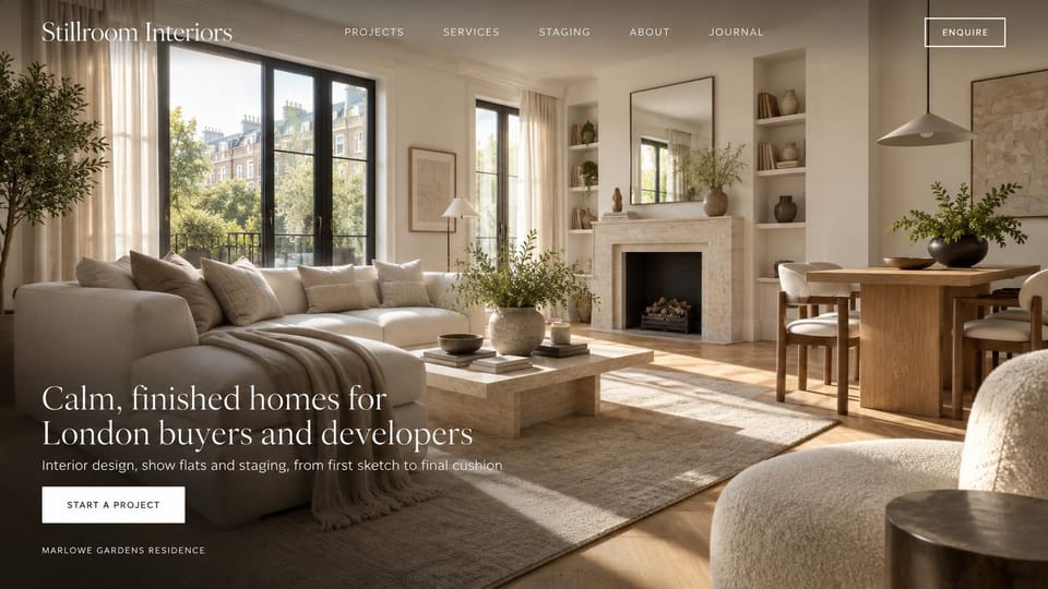Interior design website design, home staging and model homes for developers: a sunlit cream living and dining room with tall windows onto a city street, a white serif headline and a white button