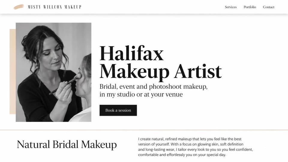 Salon website design, makeup artist with a black and white photo: white page, a black and white photo of a makeup artist at work beside a large black serif headline