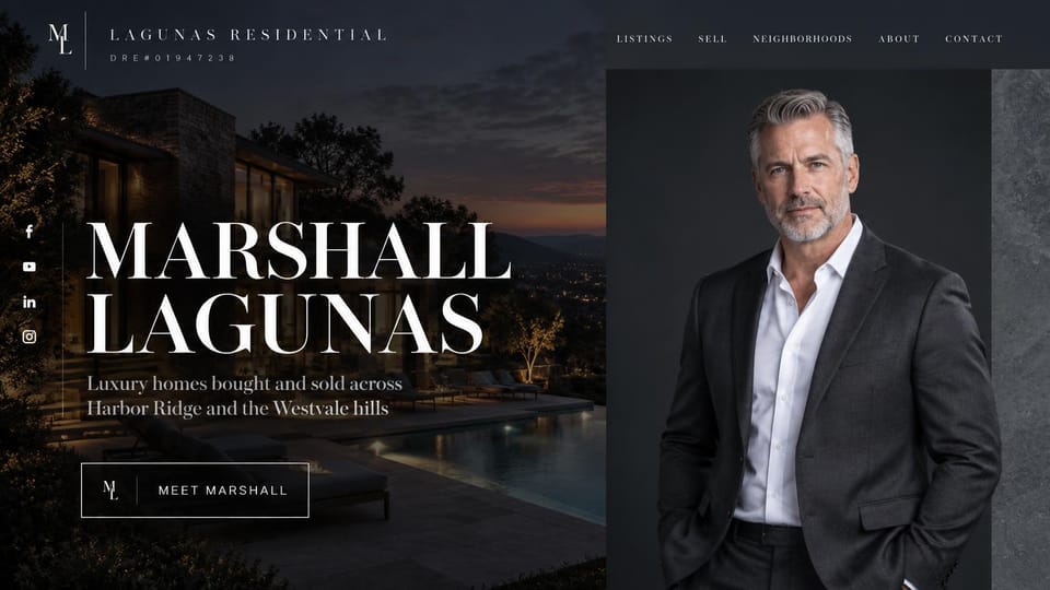 Real estate website design, luxury agent with the name as the headline: black and charcoal, an oversized white serif name over a modern home at dusk beside an agent portrait