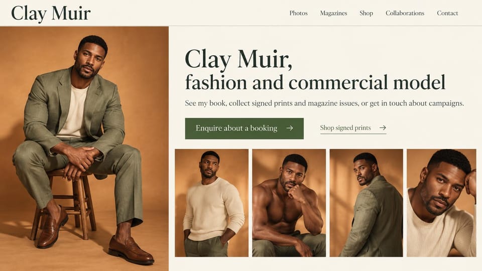 Model portfolio website design, male model with signed prints and magazines: warm ivory page, a dark serif headline, a green button, a man in a sage suit on a stool against tan and four more portraits