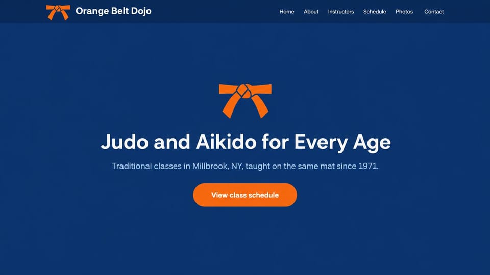 Martial arts website design, judo and aikido dojo with no photos: solid navy page, a large orange belt emblem above a centered white headline and an orange schedule button