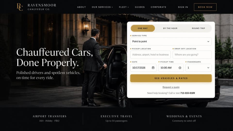 Car rental website design, chauffeur service with a strip of services: dark street photo of a chauffeur beside a black sedan, white serif headline, a white booking card with a gold button, three service labels along the bottom