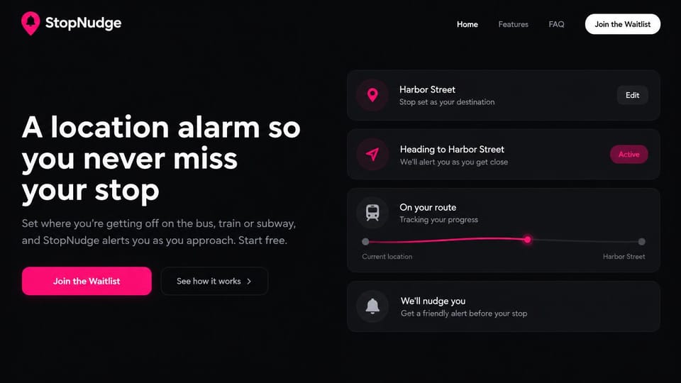Mobile app website design, transit alarm with step-by-step cards: black page, white headline, a pink waitlist button and dark cards showing a trip's progress