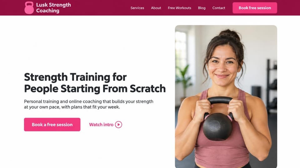 Personal trainer website design, beginner strength coaching in magenta with an intro video: magenta menu bar over a white page, a bold dark headline, a pink free session button and a watch intro link, a rounded portrait of a smiling woman holding a kettlebell at her chest