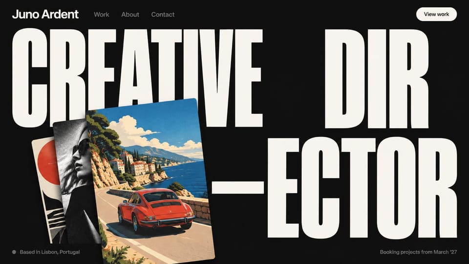 Portfolio website design, creative director in giant type: black page, giant cream condensed lettering with overlapping prints of a coastal road, a portrait and a red sun