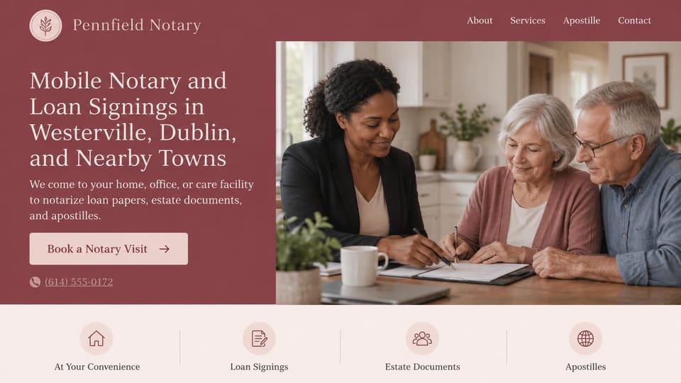 Notary website design, mobile notary naming its towns, in burgundy: muted burgundy page, a cream serif headline, a pale pink booking button, a notary with an older couple signing in a kitchen, a blush row of four service icons