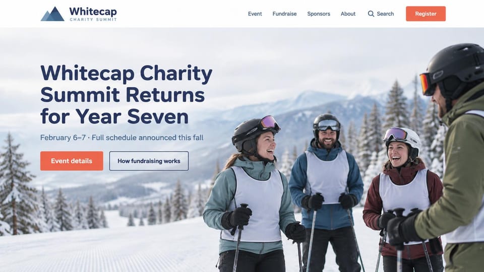 Event website design, charity ski weekend on a snowy slope: white page, navy headline, coral details button and outlined fundraising button, smiling skiers in helmets on a snowy mountain