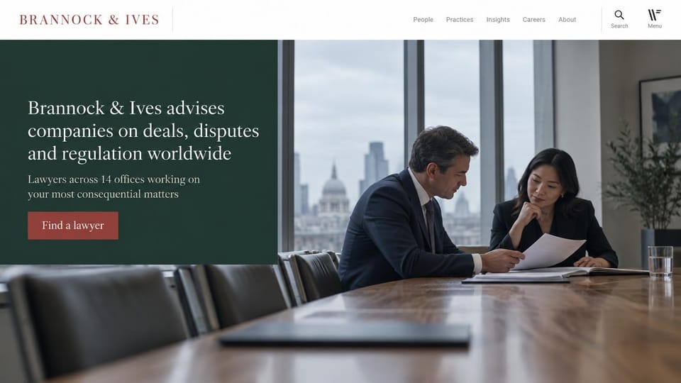 Law firm website design, international firm with a green panel: a deep green text panel beside a photo of two lawyers in a city office