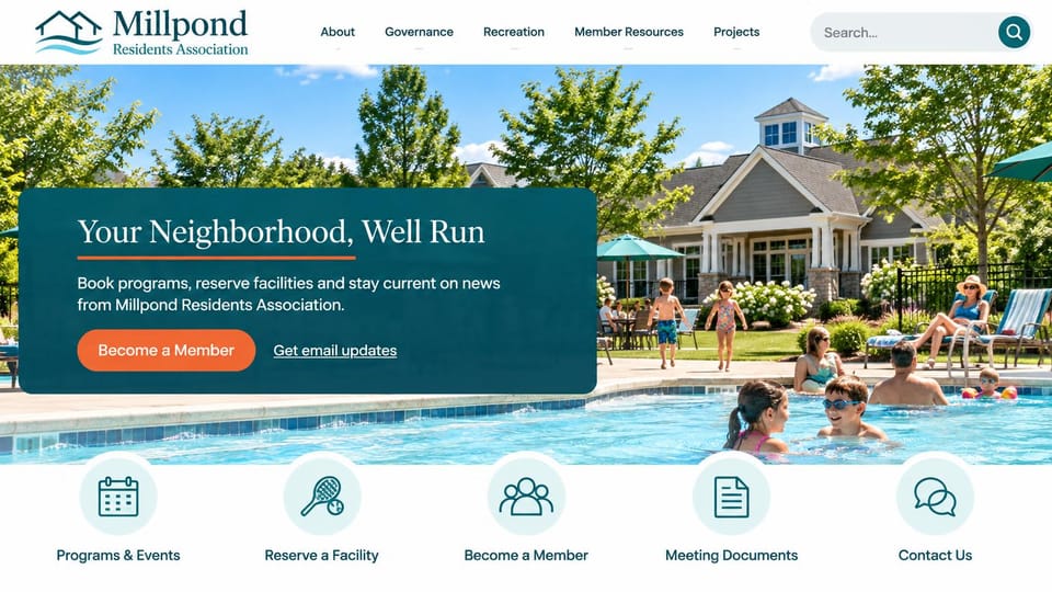 Nonprofit website design, residents association with quick links: a neighborhood pool and clubhouse under a teal text panel, a row of round icons below