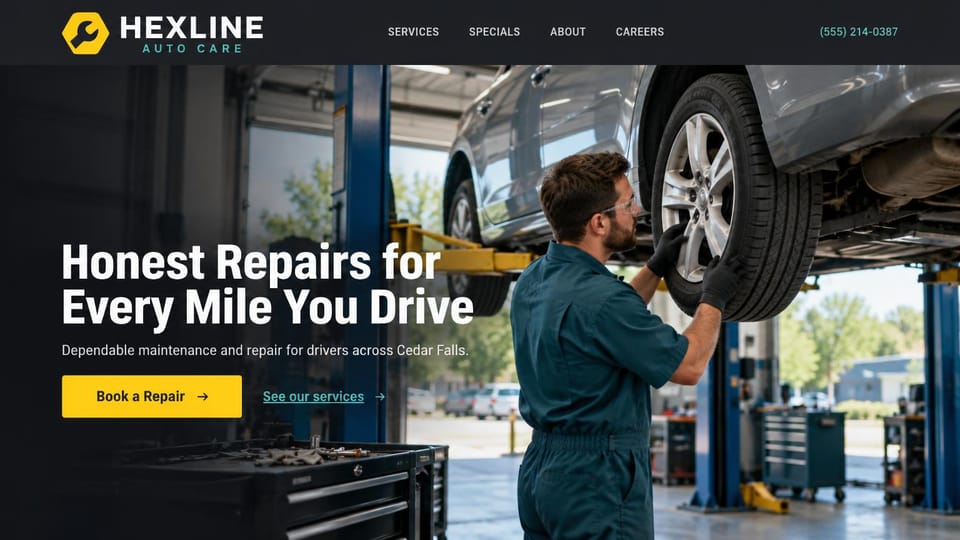 Auto repair website design, independent shop in charcoal and yellow: charcoal header with a yellow logo, a mechanic in teal coveralls at the wheel of a car on a lift, a white condensed headline and a yellow button