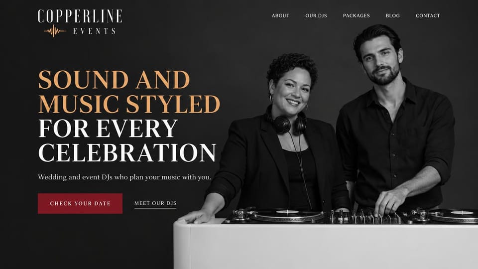 Musician website design, wedding DJ duo in black and white: black and white photo of two DJs at turntables, a peach serif headline and a red date button