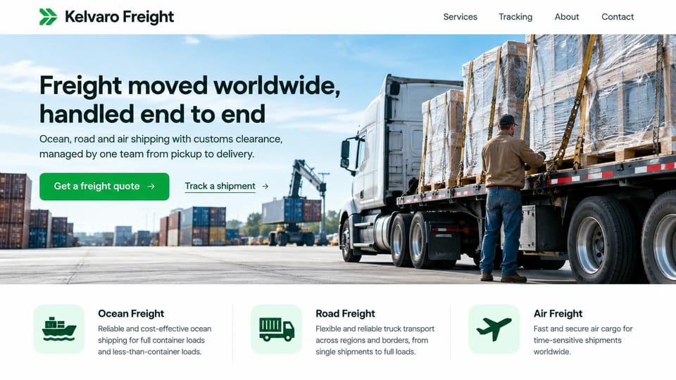 Logistics website design, ocean, road and air freight with a flatbed in the yard: white header, bright daytime photo of a driver checking strapped, wrapped pallets on a flatbed in a container yard, dark bold headline, green quote button, three green icon cards below