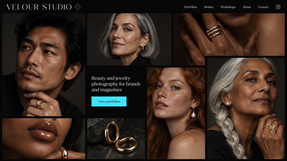 Photography website design, beauty and jewelry in a dark collage: black page, a collage of close-up portraits and gold jewelry around a small serif intro and a cyan button