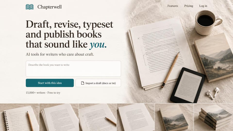 AI startup website design, aI writing tool on a writer's desk: linen background, large serif headline with an italic teal word, a prompt box, a teal button and a manuscript with coffee