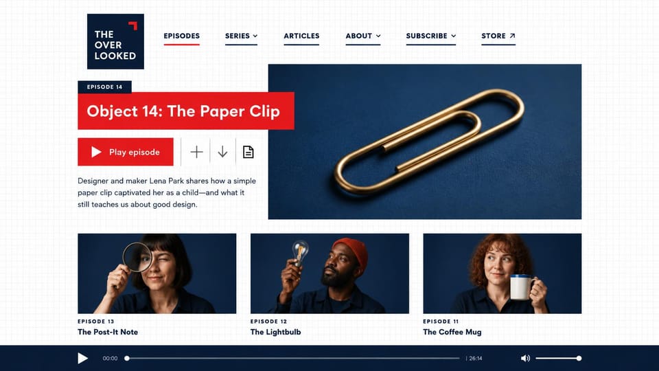 Podcast website design, design show with an episode grid: white grid paper, a navy logo block, a red episode label, a brass paperclip photo and three portraits