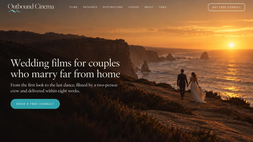 Videographer website design, destination wedding films on a sunset clifftop: golden sunset photo of a couple walking a clifftop above the sea, a large cream serif headline on the dark left side, a turquoise consult button, a light serif logo with a small wave