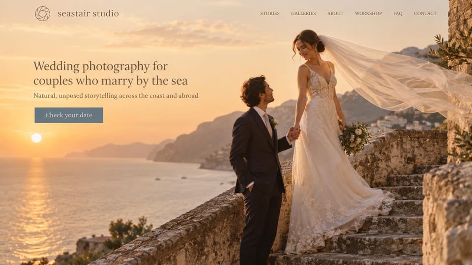 Wedding photographer website design, coastal wedding photographer on sunset stairs: peach sunset sky over a coastline, a groom holding the bride's hand on stone stairs as her veil flies, a dark serif headline and a slate blue button