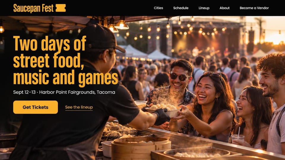 Event website design, street food festival with a vendor at the counter: black header, warm photo of a vendor handing a bowl to laughing festivalgoers, tall yellow condensed headline, yellow ticket button