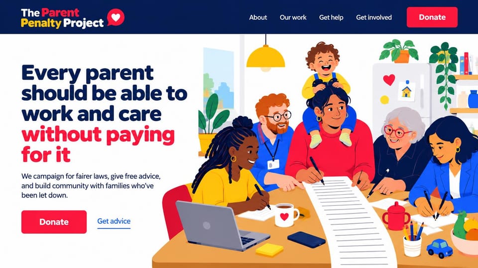 Nonprofit website design, family advocacy with a bright illustration: white and navy, a colorful illustration of families around a table, red donate button
