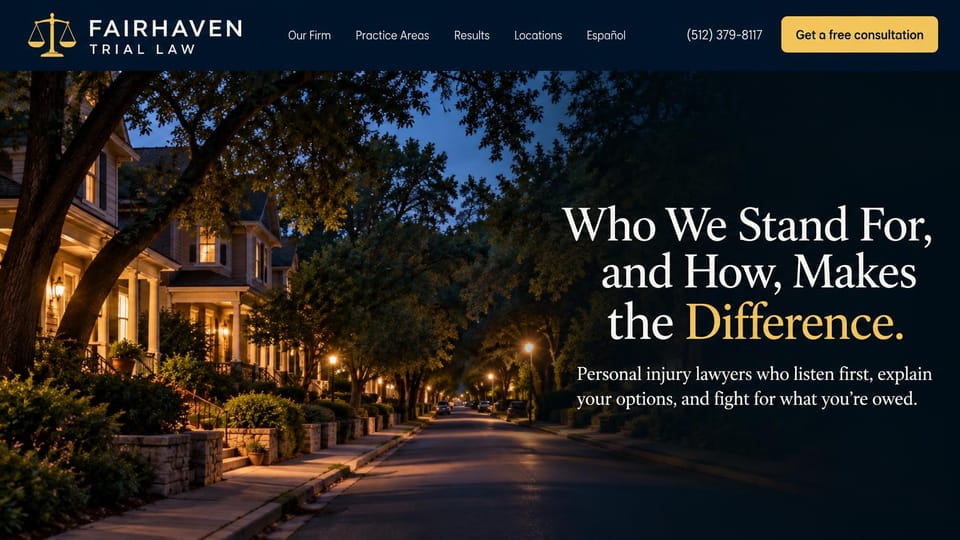 Law firm website design, personal injury with a night street scene: a quiet neighborhood street at night, a white serif headline with gold highlights