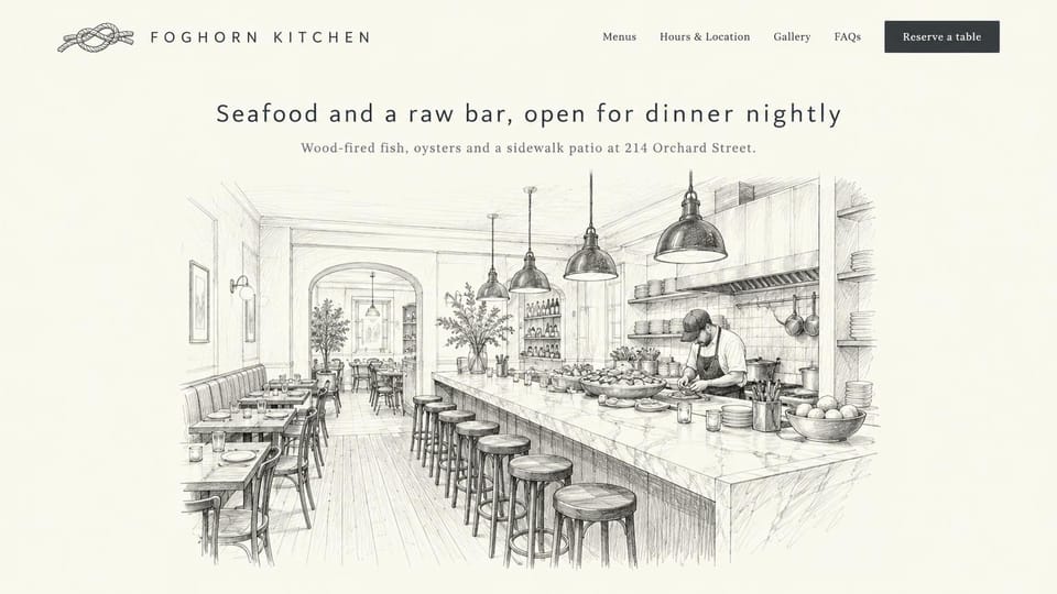 Restaurant website design, seafood and raw bar with a pencil sketch: ivory page, a pencil sketch of a bar and dining room under a centered charcoal headline