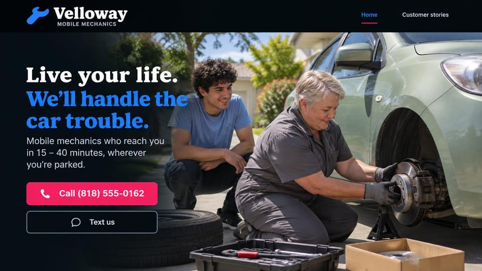 Auto repair website design, mobile mechanics who come to your car: dark navy panel with a white and bright blue headline, a pink call button and an outlined text button, a mechanic fixing a brake on a curbside car while the driver watches