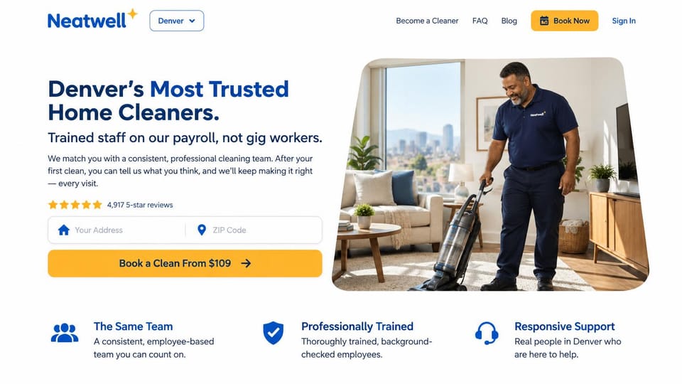 Cleaning service website design, employee cleaners with a starting price: white page, a navy and blue headline, an address form and yellow booking button beside a cleaner vacuuming an apartment