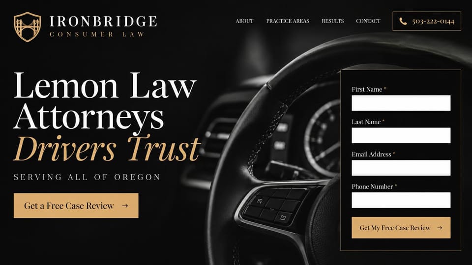 Law firm website design, consumer law with an open case review: black and gold, a steering wheel behind a large serif headline and a case review form