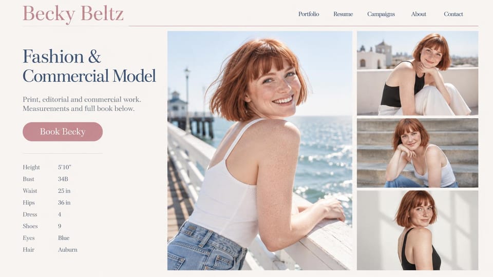 Model portfolio website design, fashion and commercial model on a seaside pier: ivory page, a dusty rose serif name, a pink pill button, a measurements list, a red-haired woman smiling on a seaside pier and three smaller photos