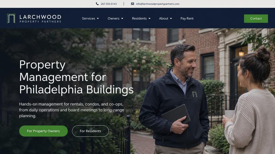 Property management website design, rentals, condos and co-ops with two front doors: navy header with a green contact button, a manager in a branded jacket talking with a resident outside a brick building