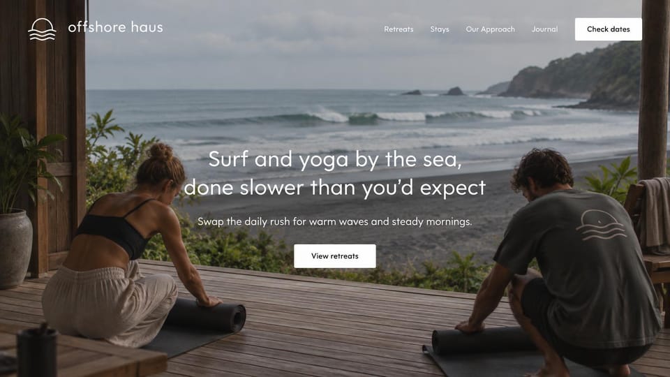 Hotel website design, surf and yoga retreat on the deck: two people unrolling yoga mats on a deck above the surf, a centered white headline and white button