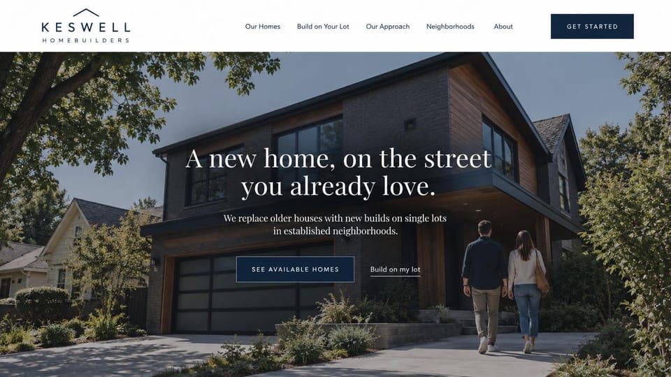 Construction website design, infill home builder on an established street: white header, a couple walking up to a new dark brick and wood home under trees, a centered white serif headline and navy button