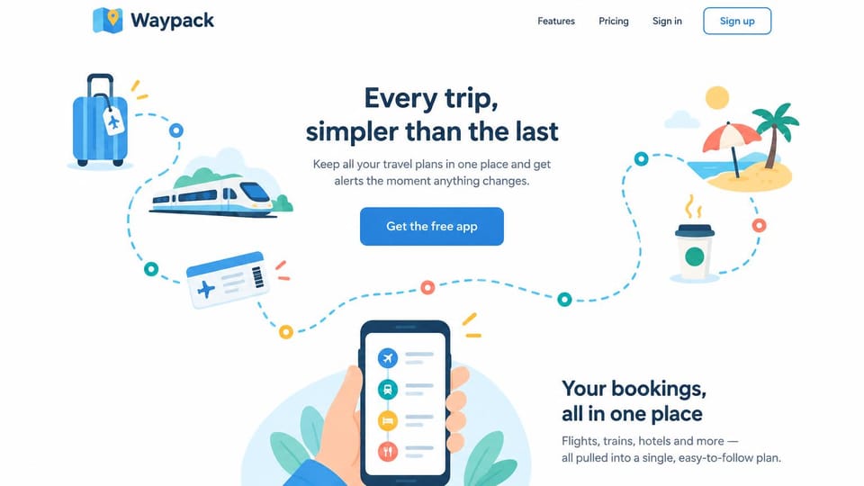 Mobile app website design, trip organizer drawn as a dotted route: white page, a dotted route with suitcase, train and palm icons, centered headline and a blue button