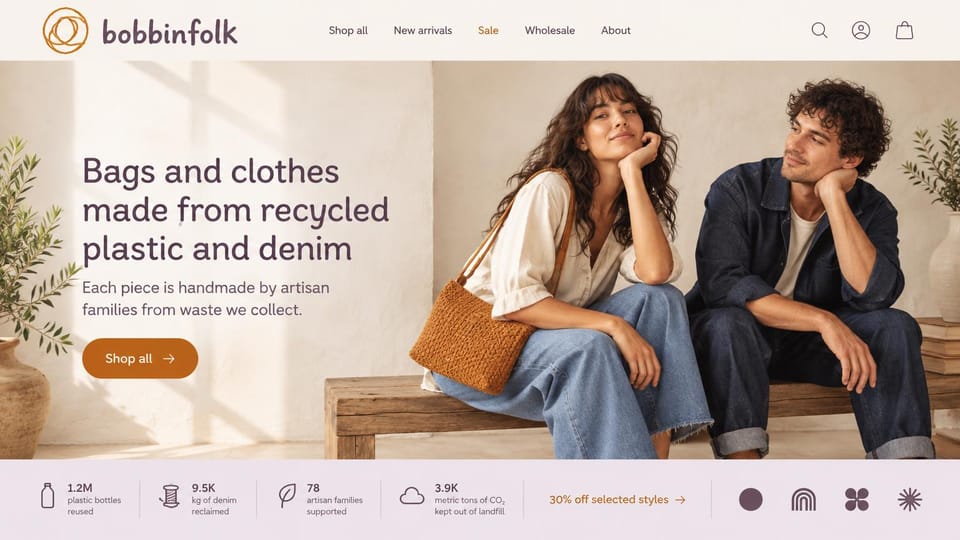 Fashion website design, recycled bags and denim with an impact strip: a couple resting their chins on their hands on a wooden bench, a woven orange bag and dark denim, an orange pill button and a strip of impact figures with four simple symbols