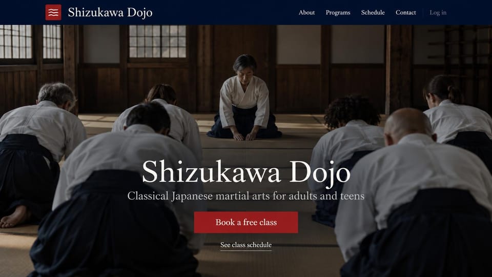 Martial arts website design, classical Japanese dojo with a bowing class: navy header, students in white gis and dark hakama bowing to a kneeling teacher in a wood-paneled dojo, centered white serif name, red button